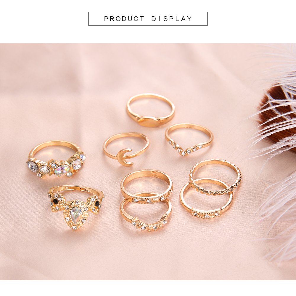 9 pcs/set Bohemia Antique Gold Crown Flower Moon Heart Carved Rings