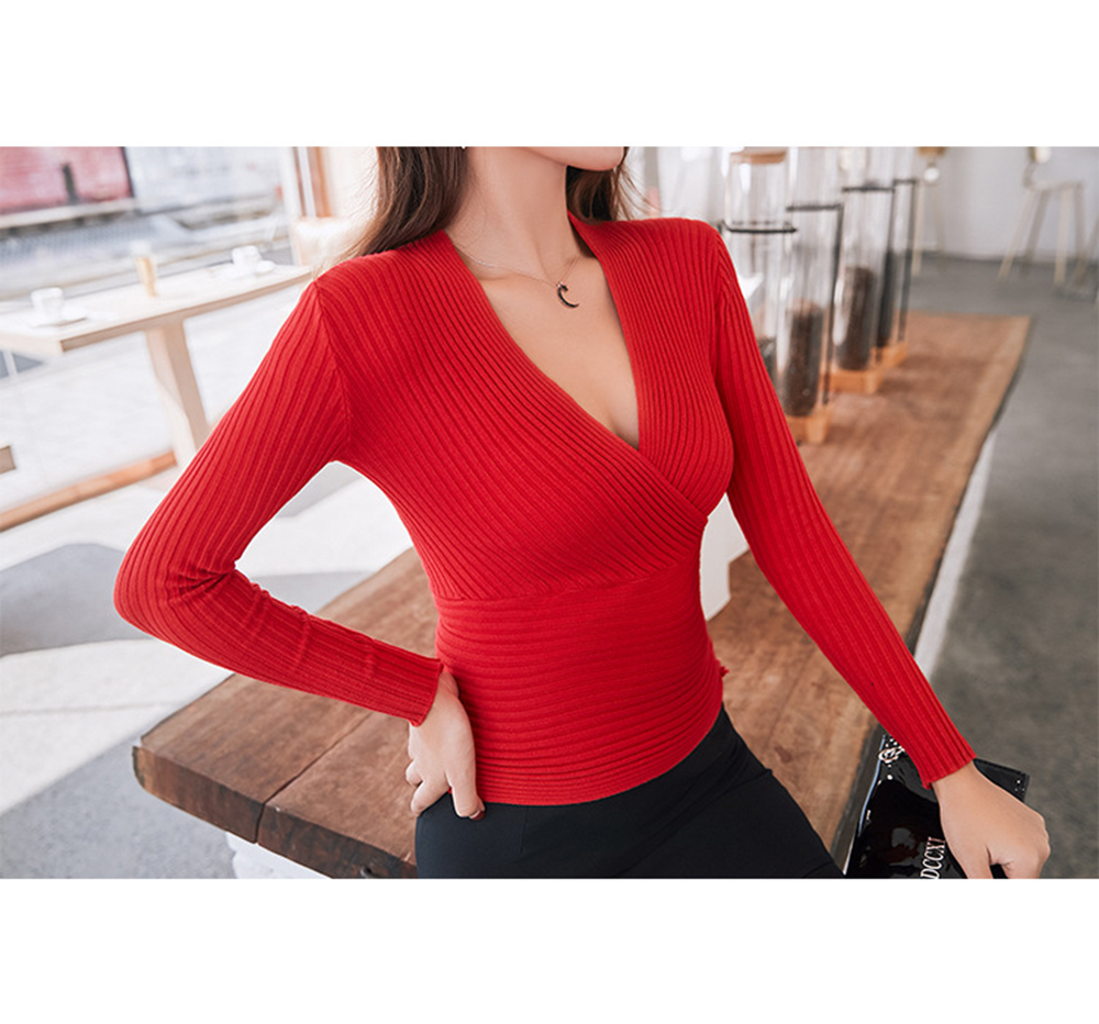 Sexy V-Neck Low-Cut Slim Fashion Tight-Fitting Sweater