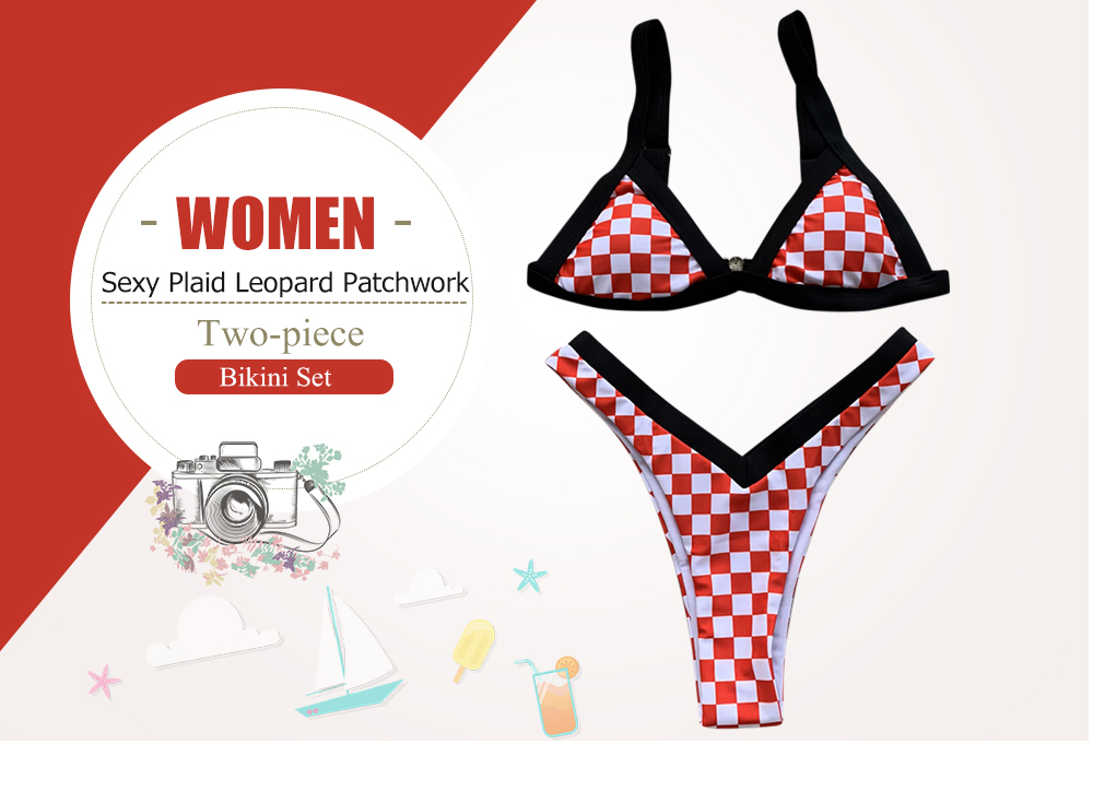 Women Sexy Plaid Leopard Patchwork Two-piece Swimwear Bikini Set
