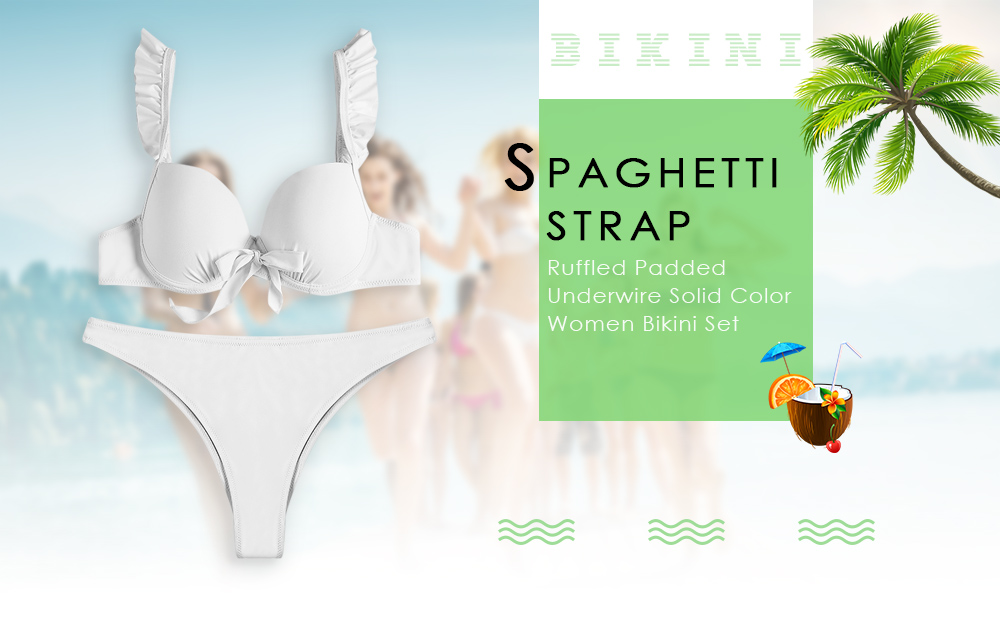 Ruffled Spaghetti Strap Padded Underwire Solid Color Women Bikini Set