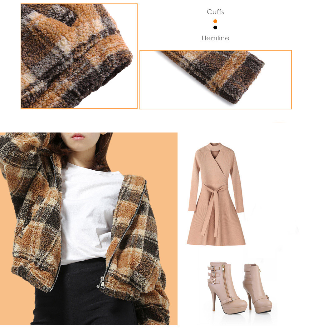 Women Winter Plaid Zipper Short Jacket