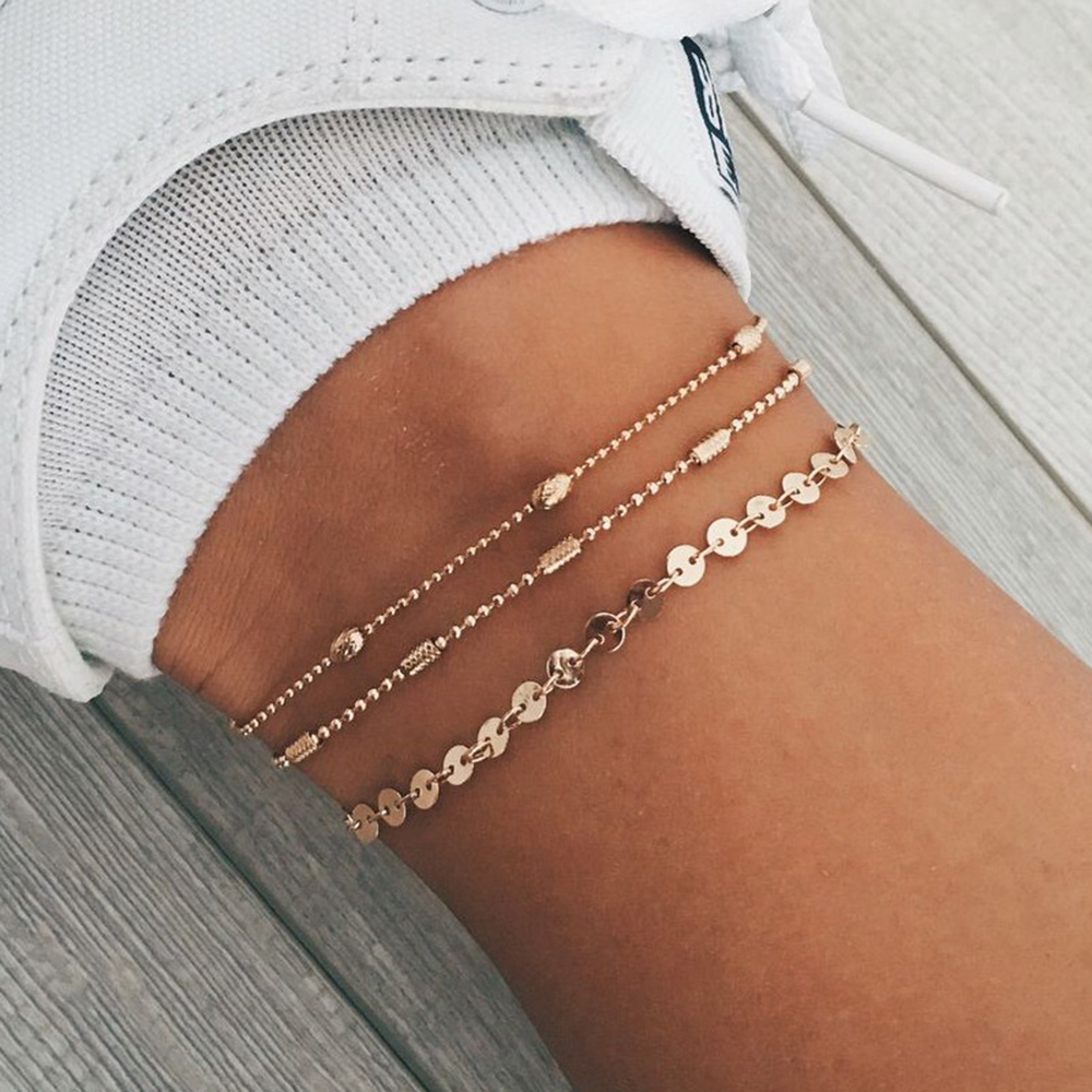 3-PIECE Women'S Simple Fashion Pop Beach Bead Chain Sequin Chain Anklet Set