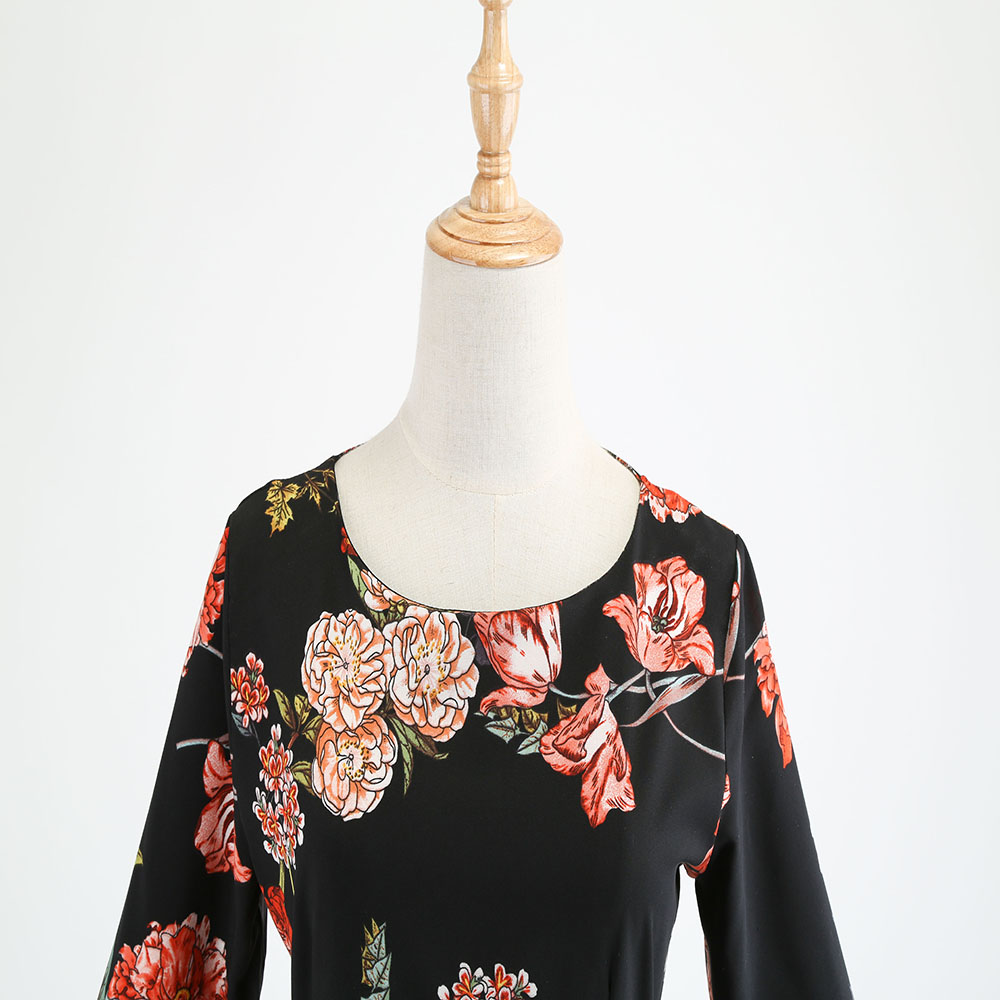 Round-Collar Printing Flowery Dress