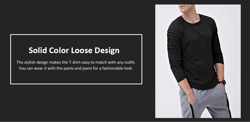 Solid Color Sleeve Pleated Patch Detail Long Sleeve T-shirt