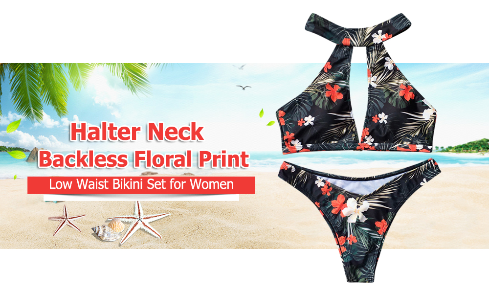 Halter Neck Backless Padded Floral Print Low Waist Women Bikini Set