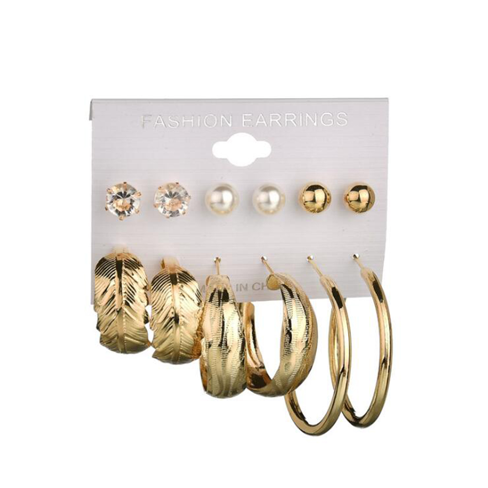 6 Pairs Women'S Fashion Trendy Personal Earring Set Leaf Ring Diamond Earrin