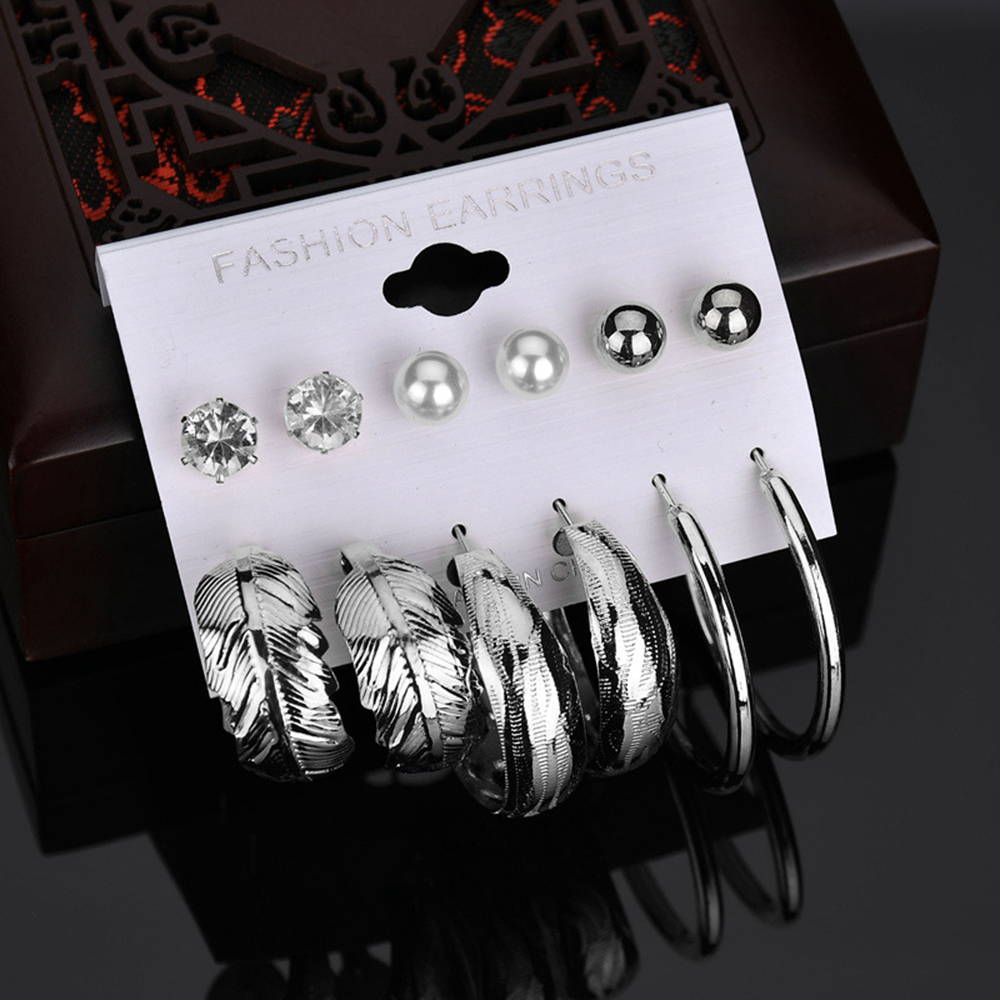 6 Pairs Women'S Fashion Trendy Personal Earring Set Leaf Ring Diamond Earrin