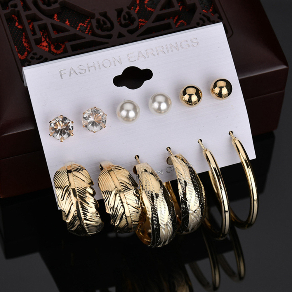 6 Pairs Women'S Fashion Trendy Personal Earring Set Leaf Ring Diamond Earrin