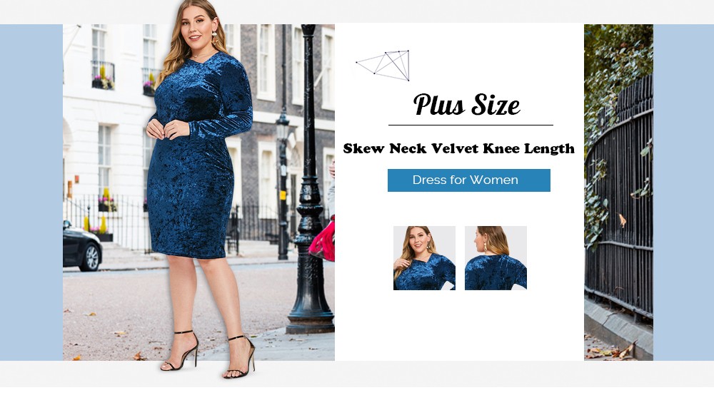 Plus Size Skew Neck Velvet Knee Length Dress