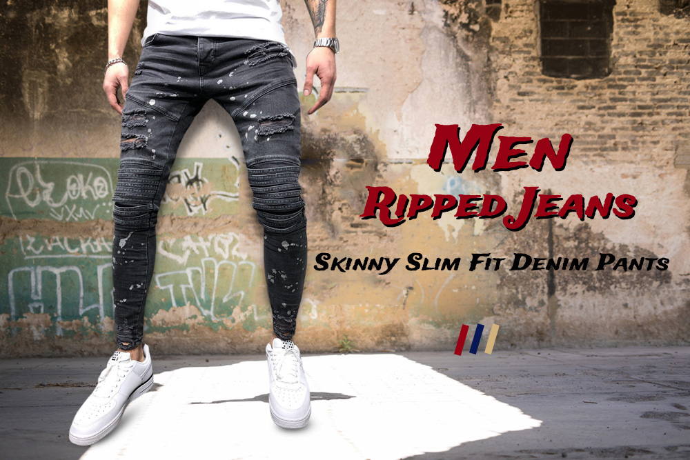 Men Stylish Ripped Jeans Pants Skinny Slim Fit Frayed Denim Trousers