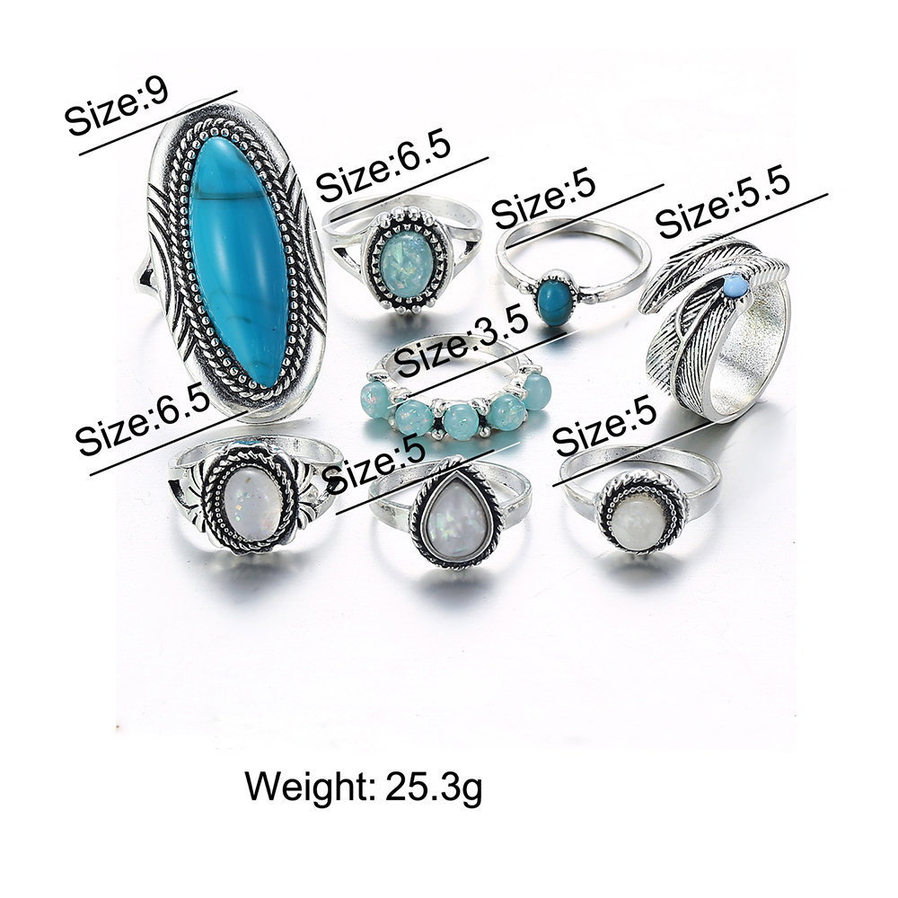 8-PIECE Women'S Fashion Turquoise Ring Ornaments