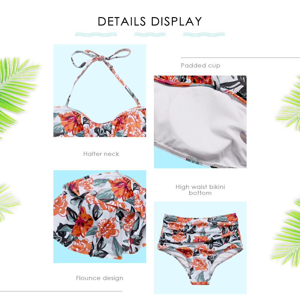 Halter Neck Backless Padded Flounce Floral Print High Waist Women Bikini Set