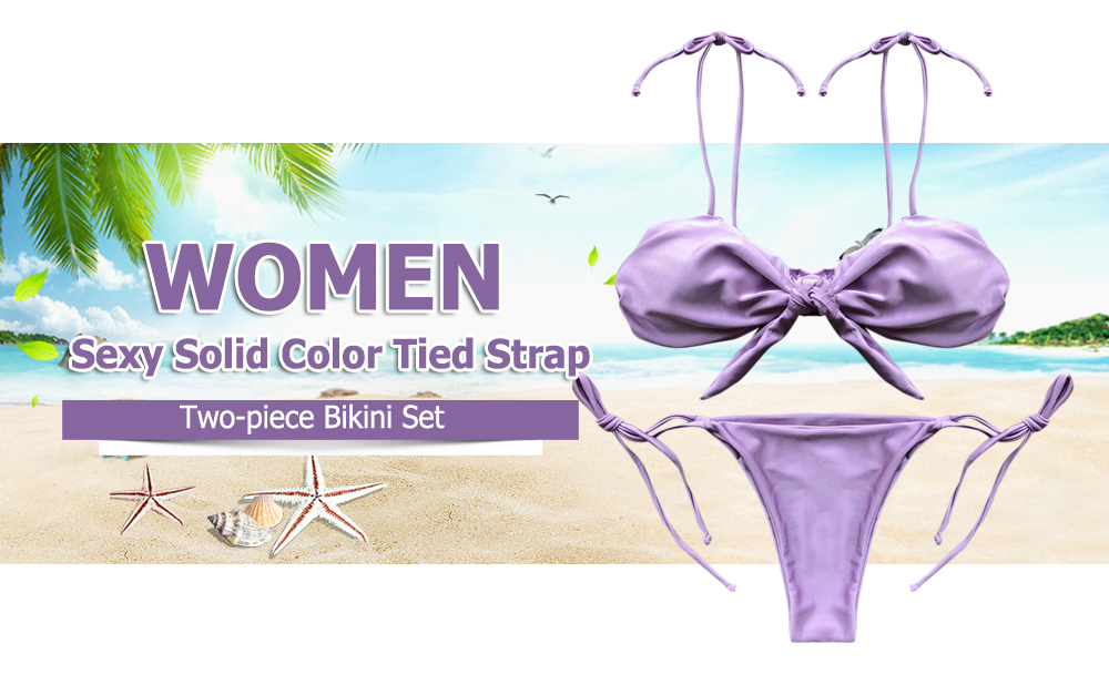 Women Sexy Solid Color Tied Strap Lady Swimsuit Two-piece Bikini Set