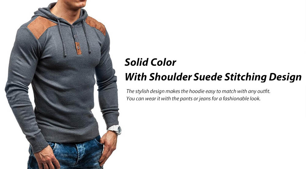 Men's solid color hooded pullover sweater double shoulder suede stitching
