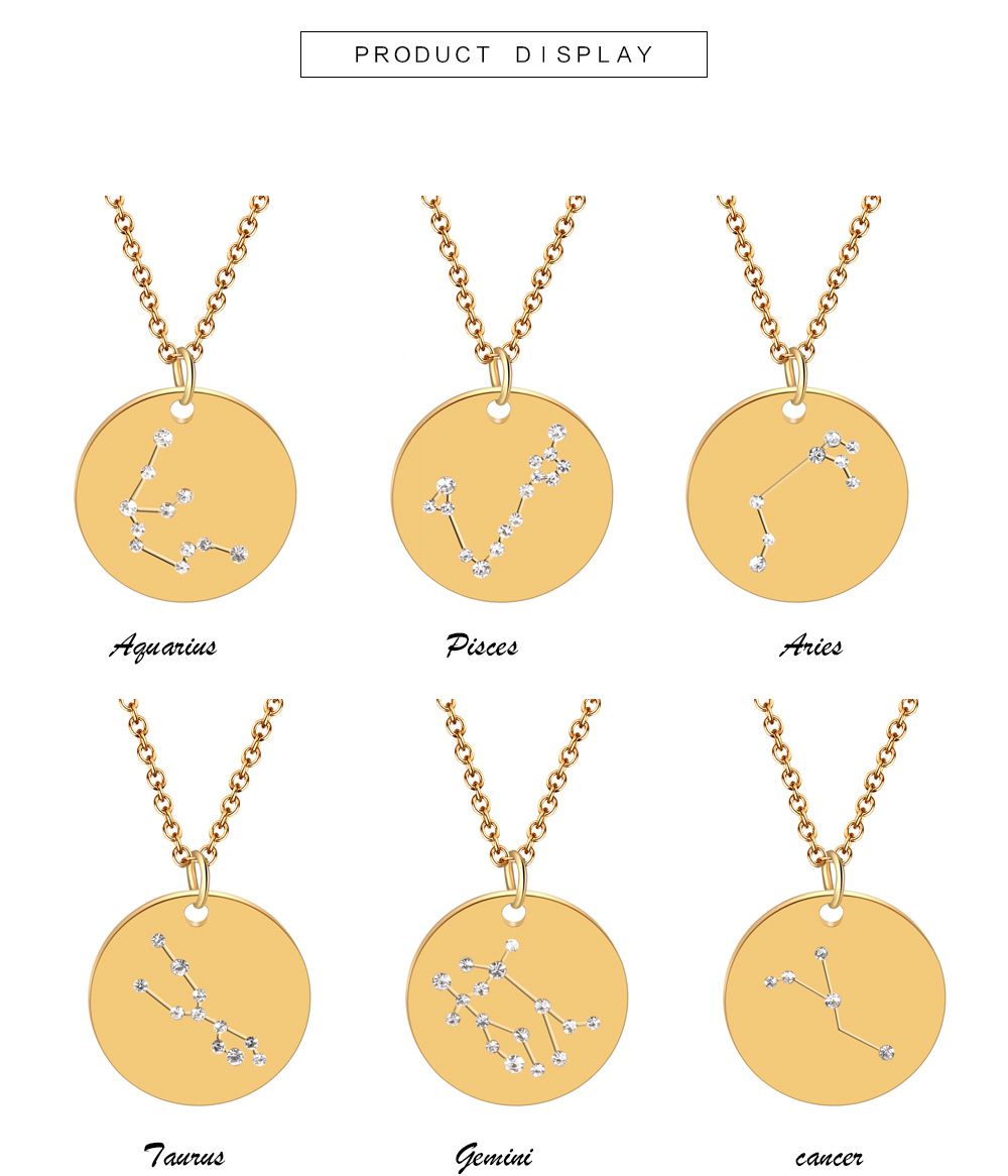 Constellation Jewelry Stainless Steel Crystal Pendant Necklace for Women Gold