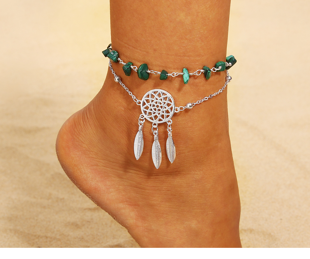 Hollow Dreamcatcher Irregular Turquoise Anklet Feather Pendant