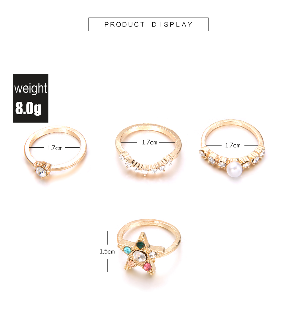 4 PCS New Rings for Women Pearl Crystal Star Finger Knuckles Ring Set