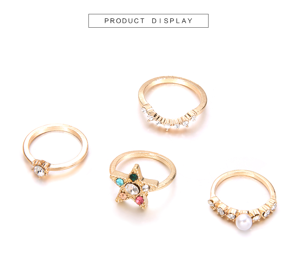 4 PCS New Rings for Women Pearl Crystal Star Finger Knuckles Ring Set