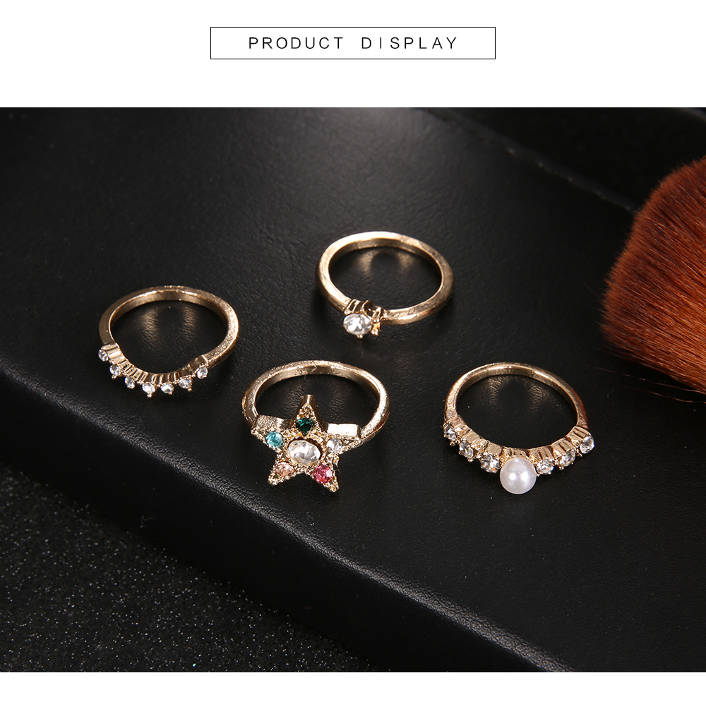 4 PCS New Rings for Women Pearl Crystal Star Finger Knuckles Ring Set