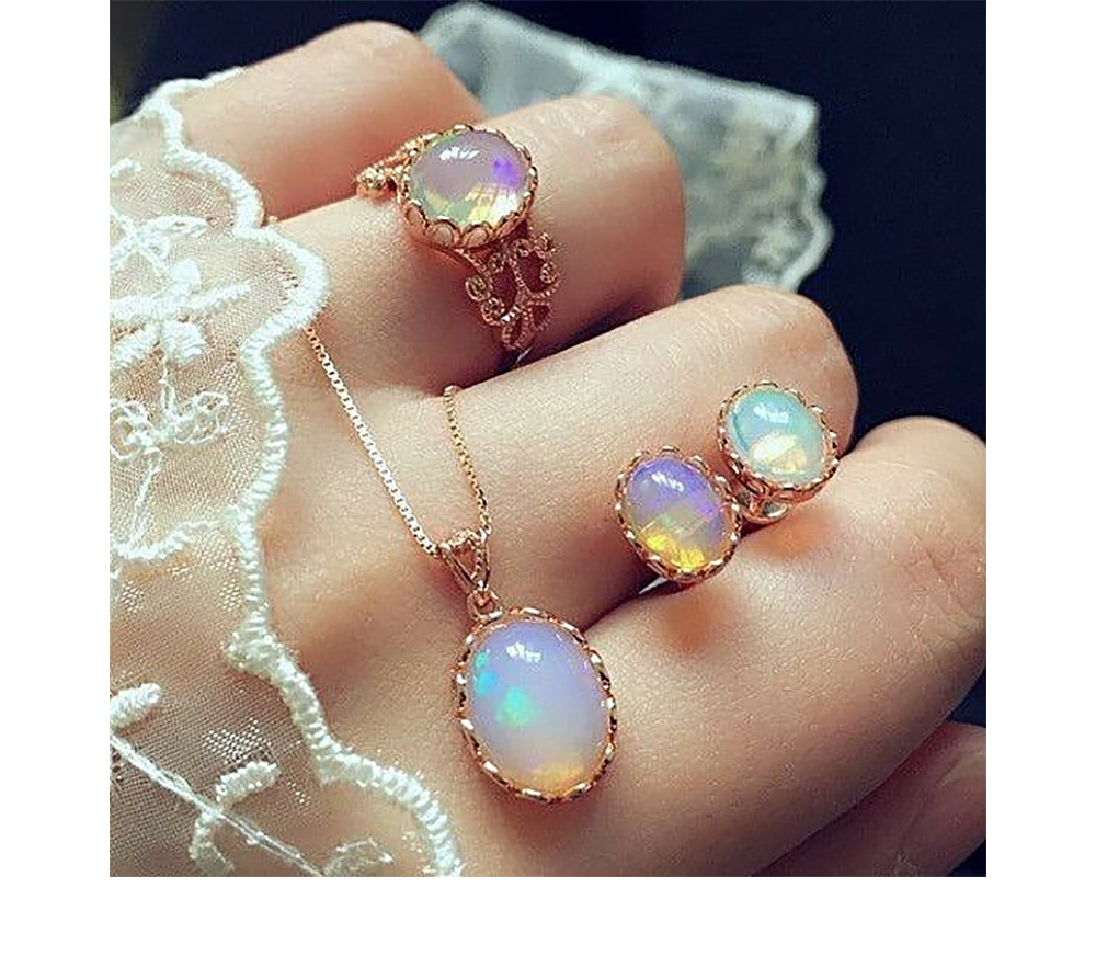 Vintage Opal Jewelry Sets For Woman Pendant Necklaces Water Drop Earrings Ring