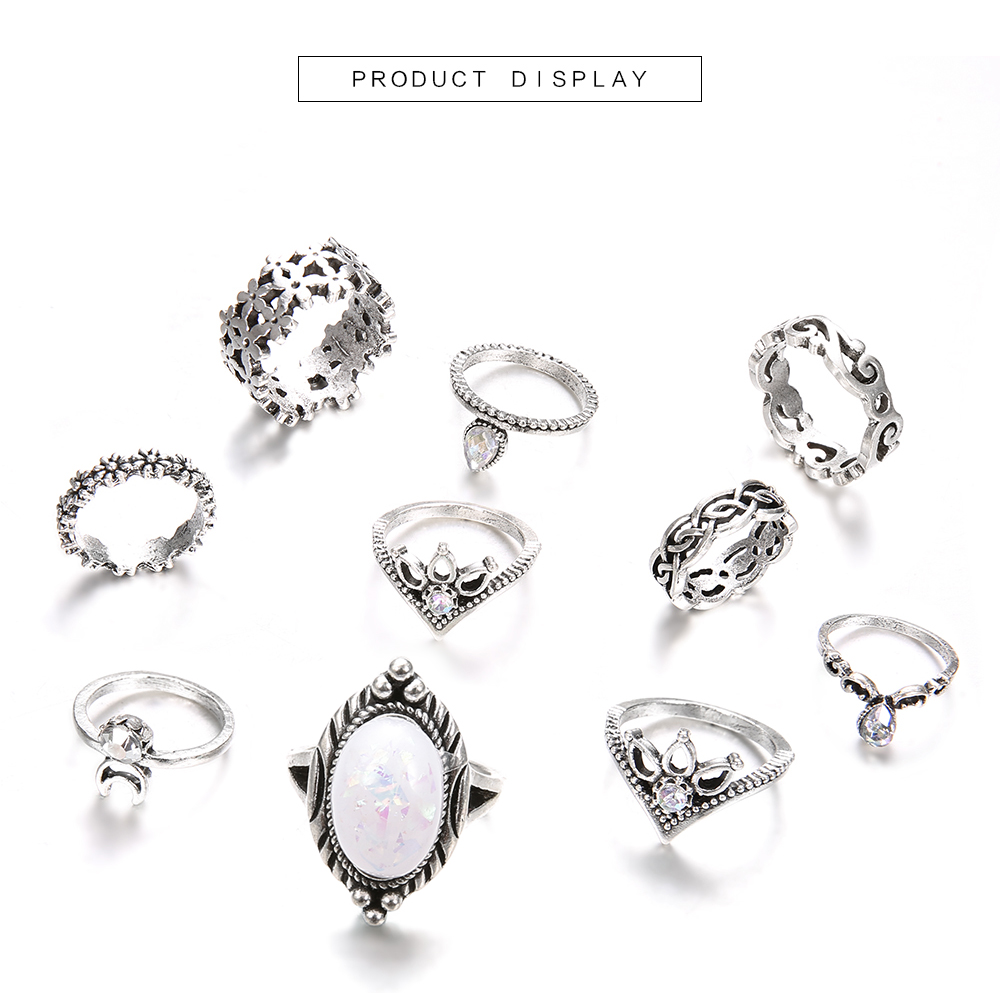 10 Pcs/Set Vintage Lotus Crown Opal Ring Set Women Crystal Handmade Sun Rings