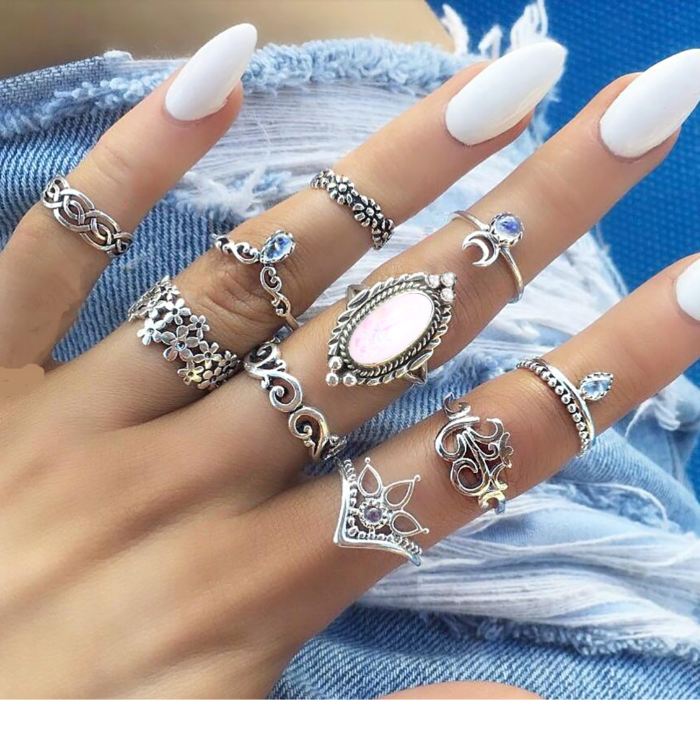 10 Pcs/Set Vintage Lotus Crown Opal Ring Set Women Crystal Handmade Sun Rings