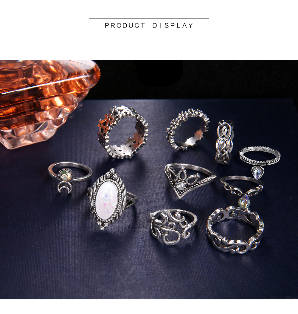 10 Pcs/Set Vintage Lotus Crown Opal Ring Set Women Crystal Handmade Sun Rings