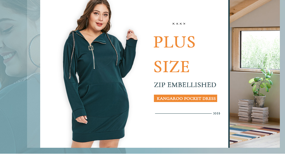 Plus Size Zip Embellished Kangaroo Pocket Dress