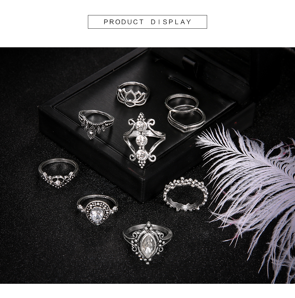 9 P/Set Bohemian Crystal Crown Ring Sets for Women Silver Color Lotus Stone Rin