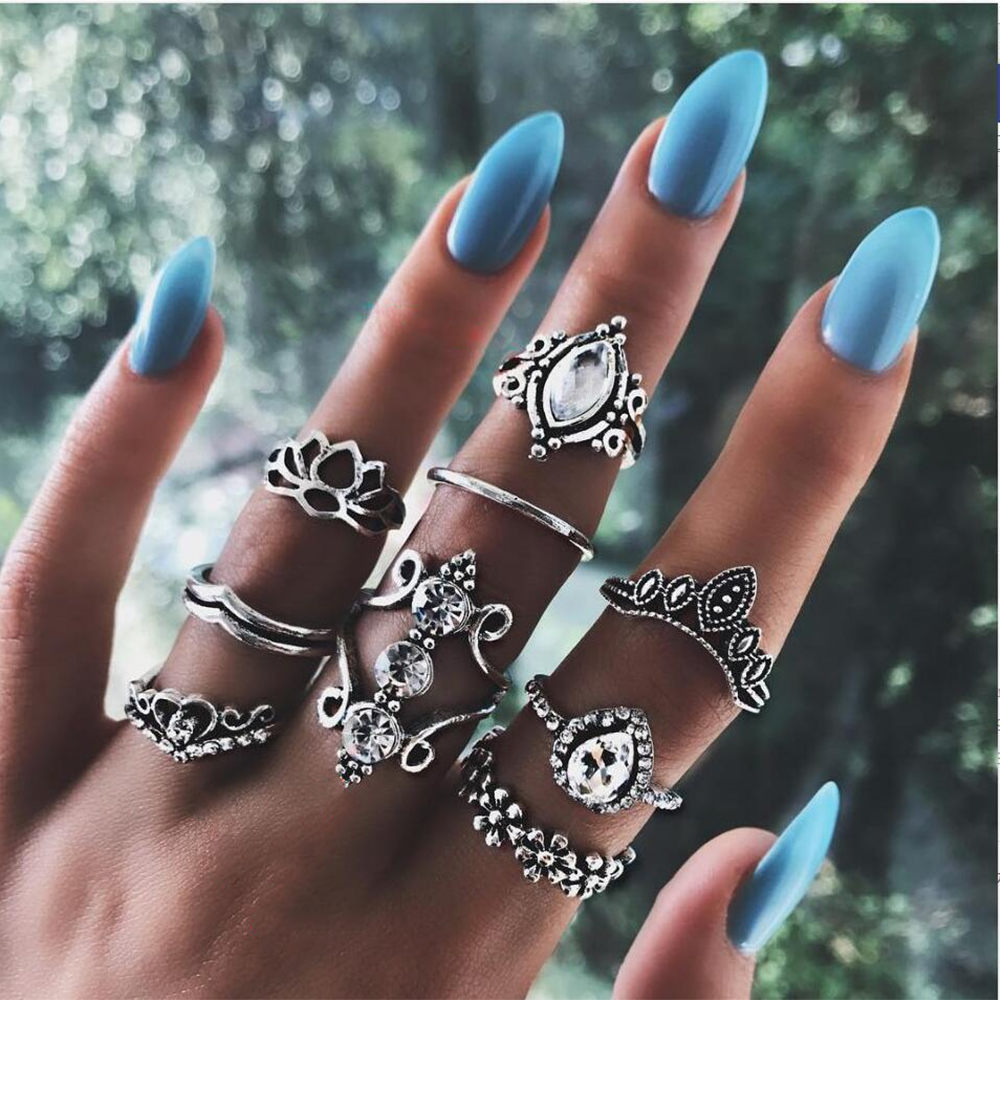 9 P/Set Bohemian Crystal Crown Ring Sets for Women Silver Color Lotus Stone Rin