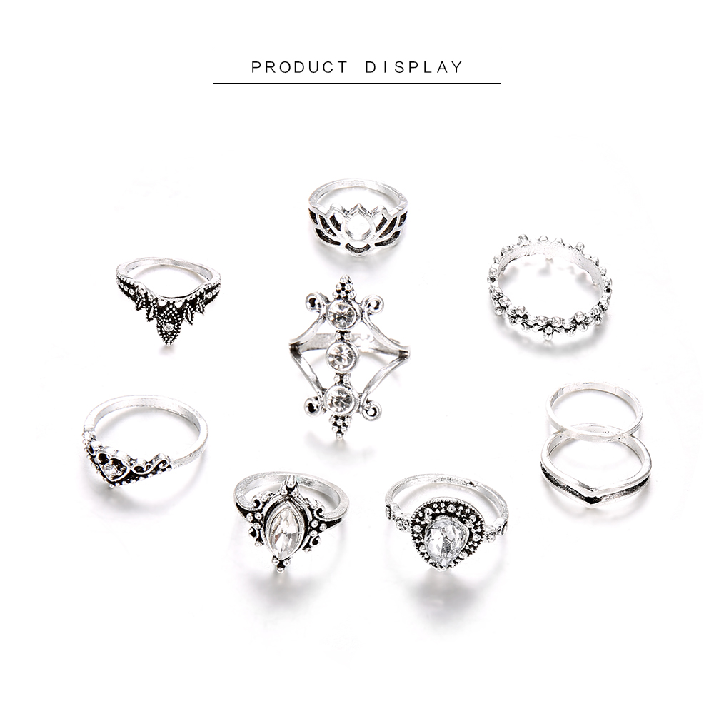 9 P/Set Bohemian Crystal Crown Ring Sets for Women Silver Color Lotus Stone Rin