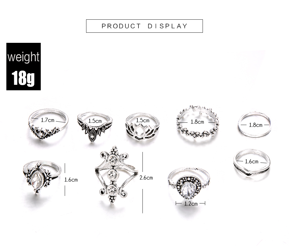 9 P/Set Bohemian Crystal Crown Ring Sets for Women Silver Color Lotus Stone Rin