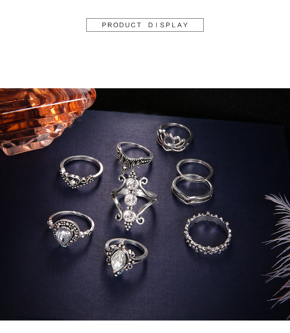 9 P/Set Bohemian Crystal Crown Ring Sets for Women Silver Color Lotus Stone Rin