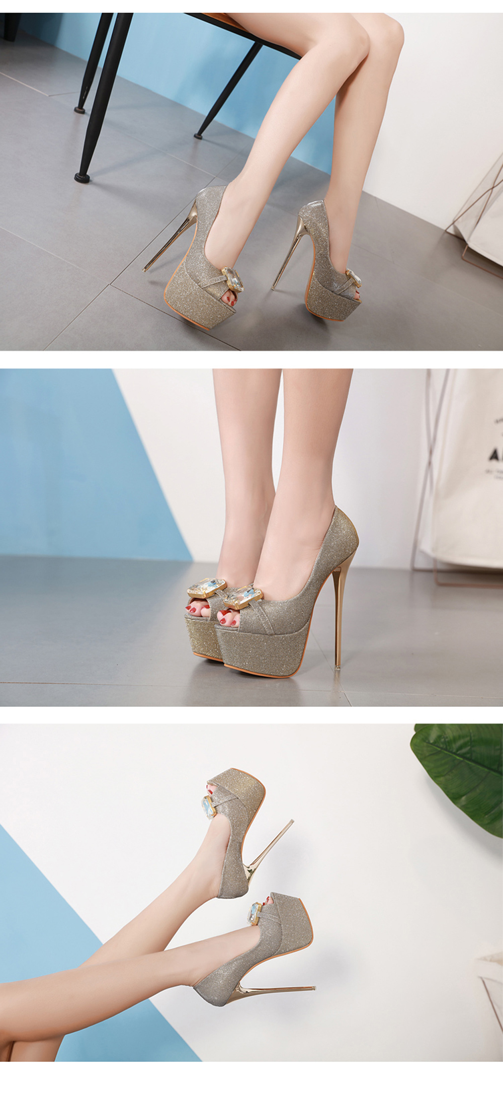 Women's Peep Toe Platform High Heels Luxury Party Sandals with Rhinestone