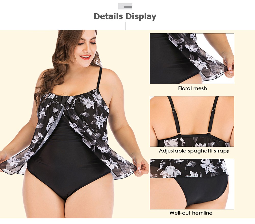 Sexy Spaghetti Strap Floral Mesh Overlay Padded Plus Size Women Swimsuit