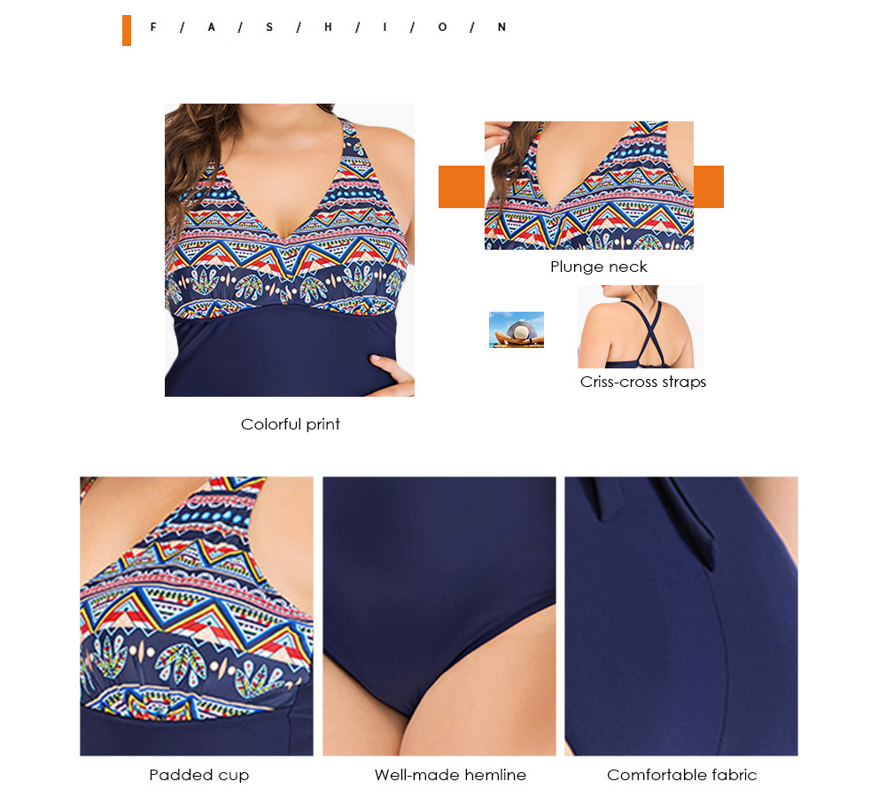 Plunge Neck Sleeveless Colorful Print Criss-cross Padded Plus Size Women Swimsuit