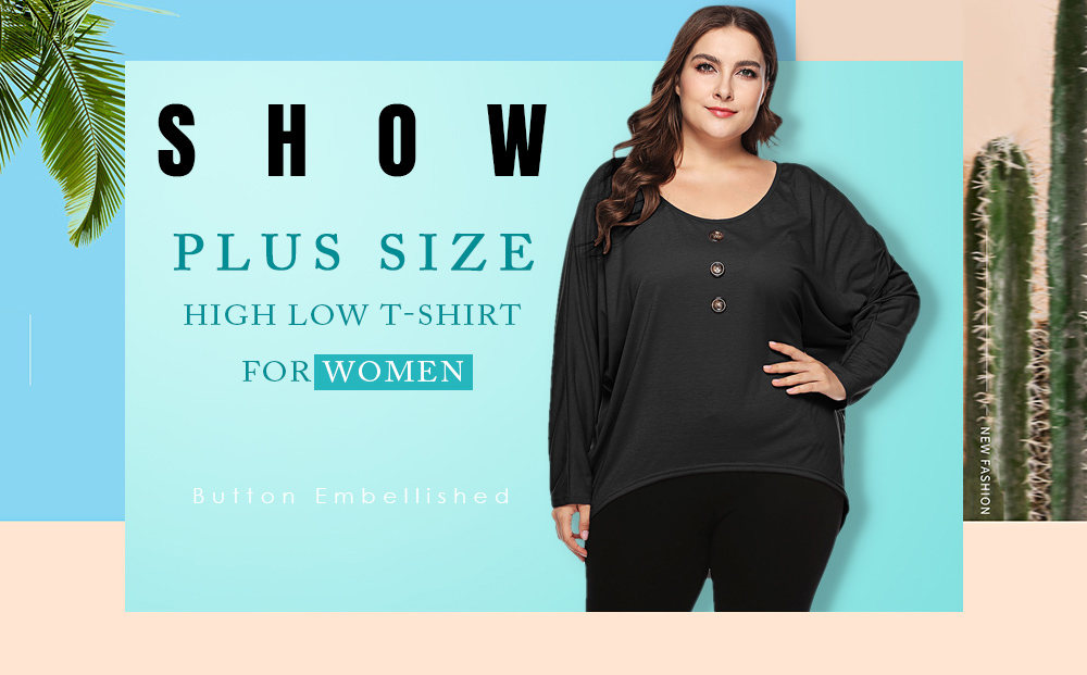 Plus Size Button Embellished High Low T-shirt