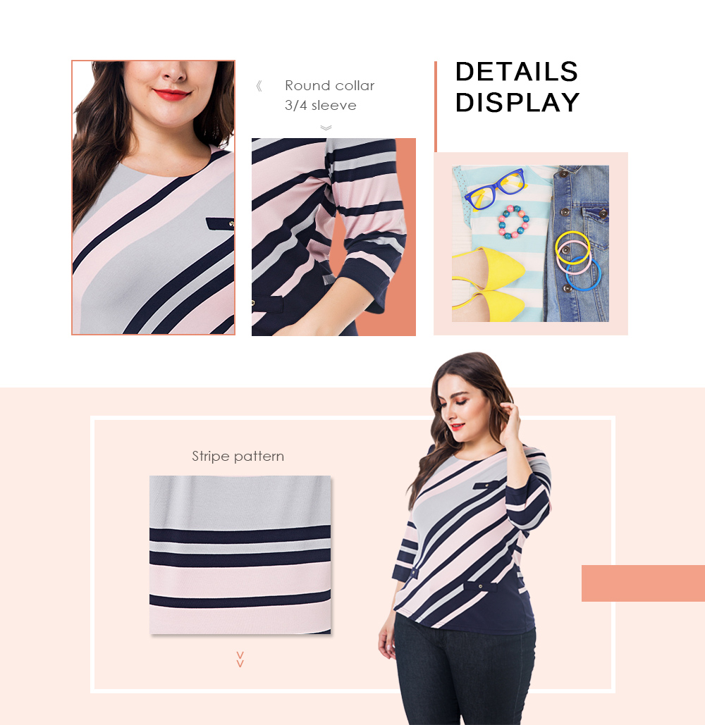 Round Collar 3/4 Sleeve Stripe Print Plus Size Blouse Women T-shirt