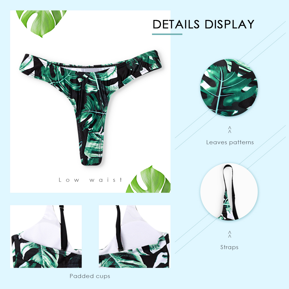 Green Leaf Print Straps Padded Low Waist Two Piece Bikini Swimwear for Women