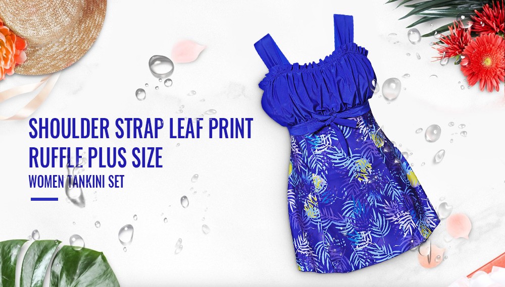 Shoulder Strap Sleeveless Leaf Print Ruffle Padded Mid Waist Plus Size Women Tankini Set