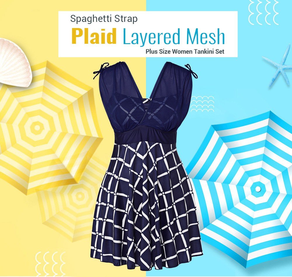 Adjustable Spaghetti Strap Layered Mesh Plaid Print Padded Plus Size Women Tankini Set