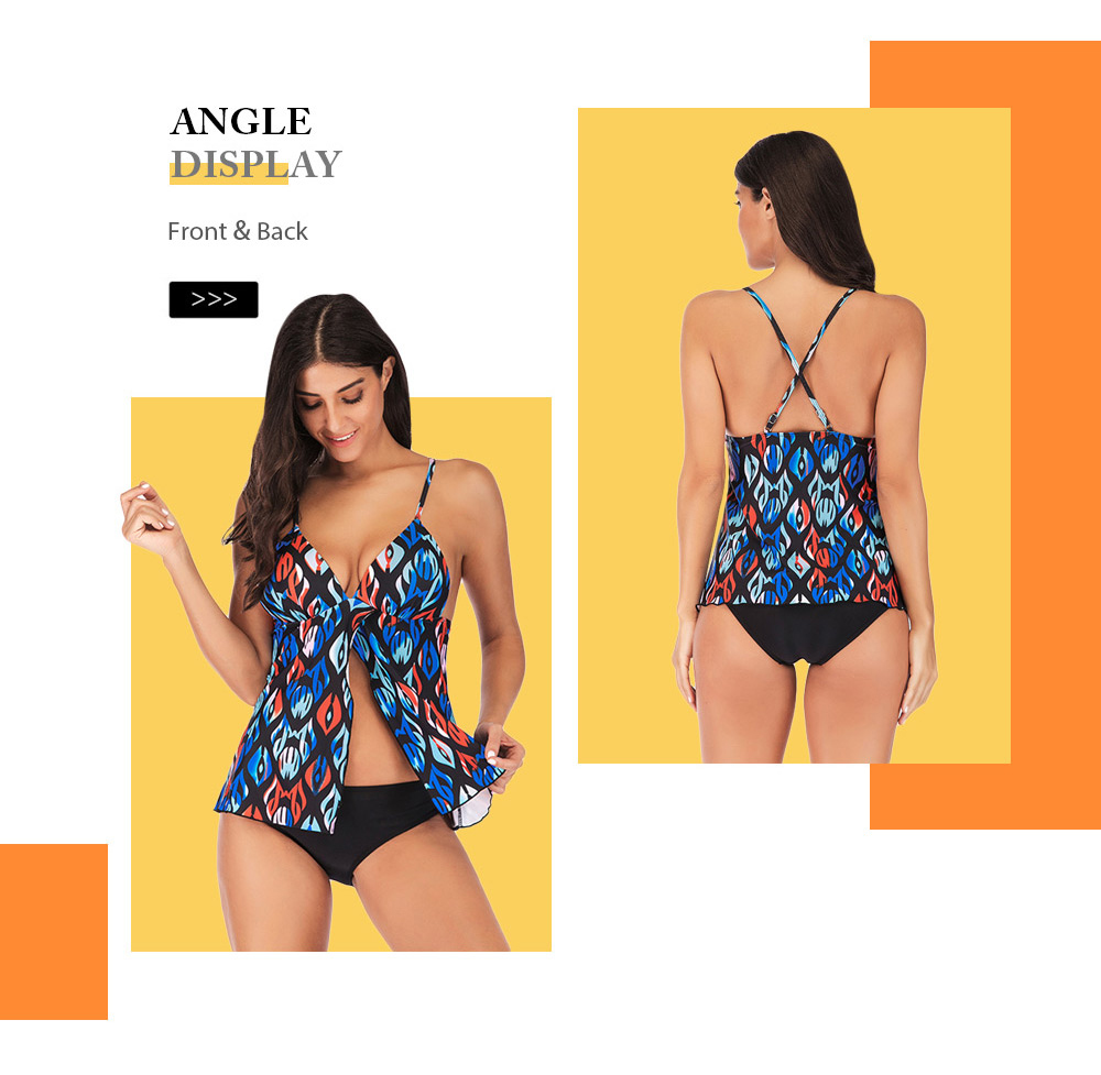 Spaghetti Strap Criss-cross Floral Print Backless Padded Slit Low Waist Women Tankini Set