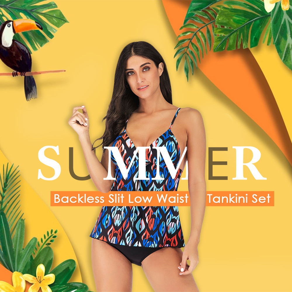 Spaghetti Strap Criss-cross Floral Print Backless Padded Slit Low Waist Women Tankini Set