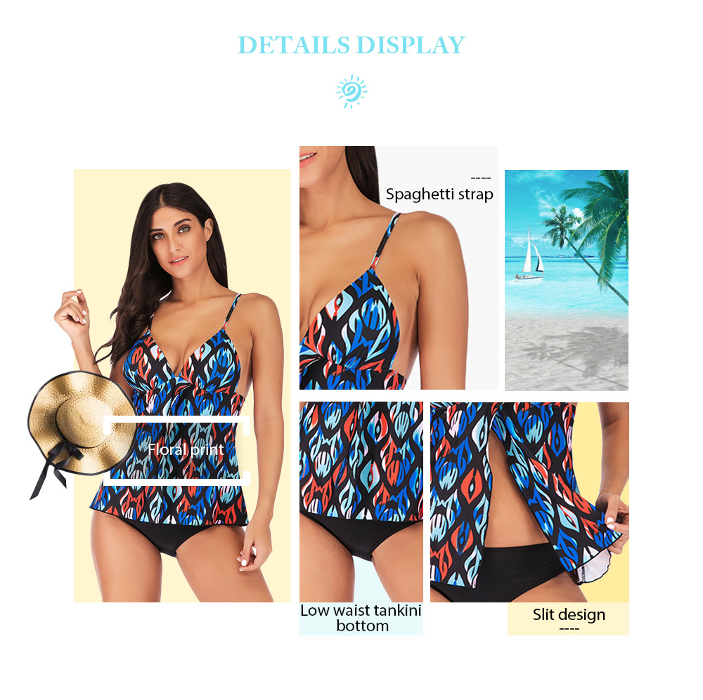 Spaghetti Strap Criss-cross Floral Print Backless Padded Slit Low Waist Women Tankini Set