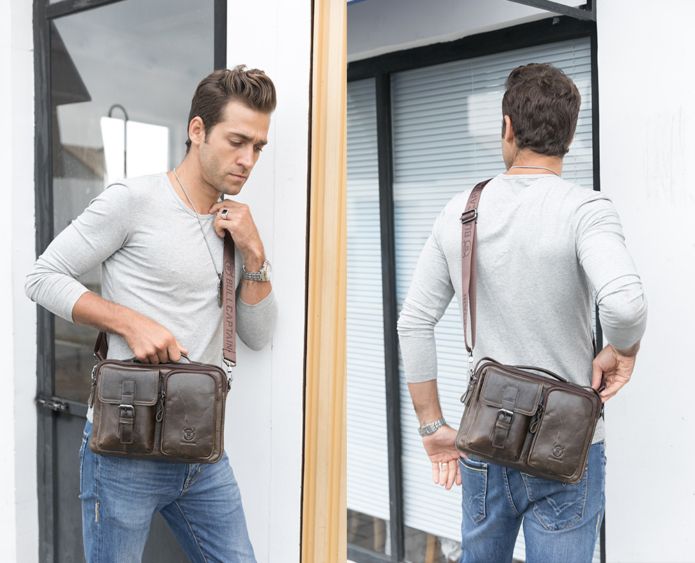 BULLCAPTAIN Men Vintage Genuine Leather Shoulder Bag