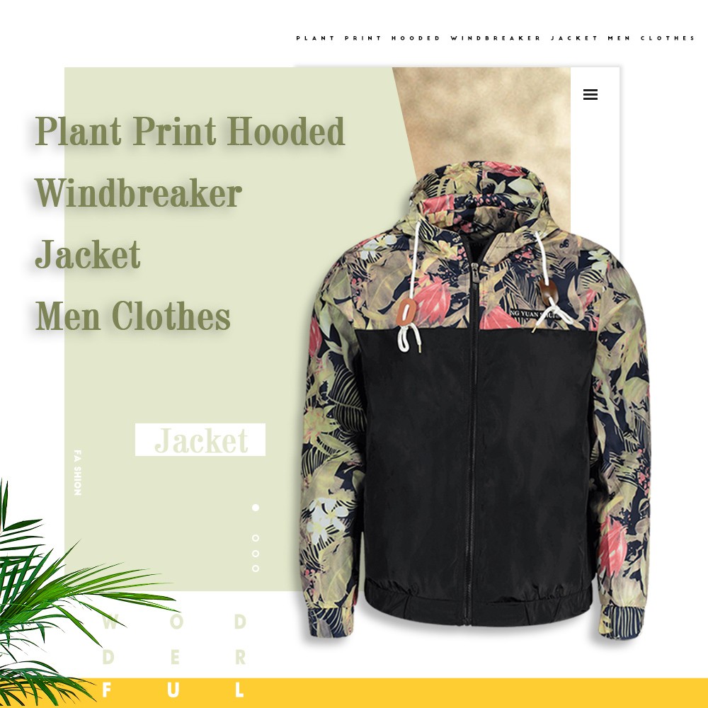 Hooded Plant Print Windbreaker Jacket