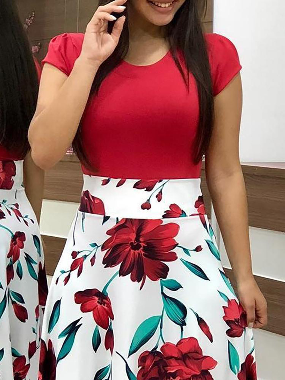 2019 Summer Fashion Temperament Flower Print Color Matching Dress Female Dress