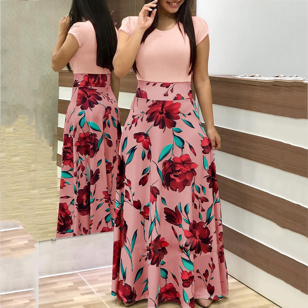 2019 Summer Fashion Temperament Flower Print Color Matching Dress Female Dress