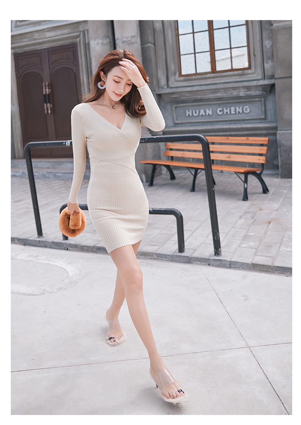 2019 New Fashion V-Neck Knit Dress Sexy Sweater Long Slim Bottoming Dress