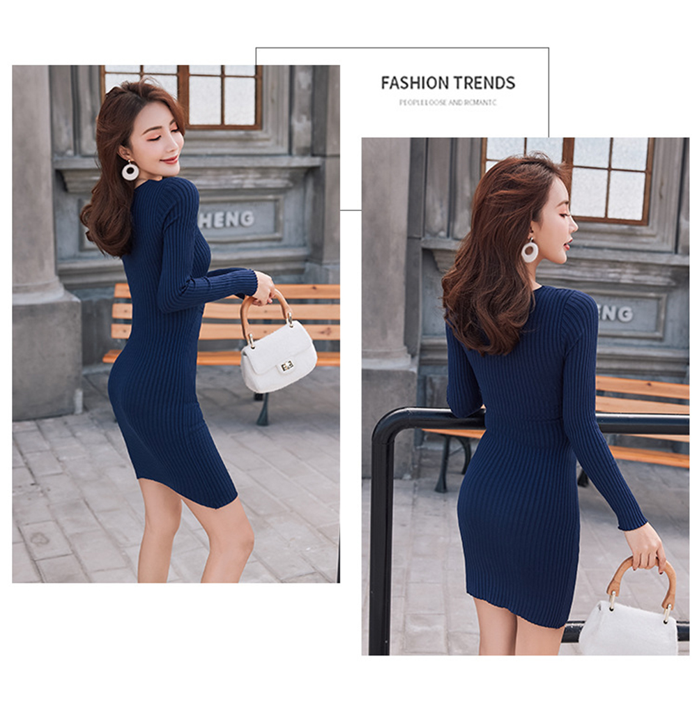 2019 New Fashion V-Neck Knit Dress Sexy Sweater Long Slim Bottoming Dress